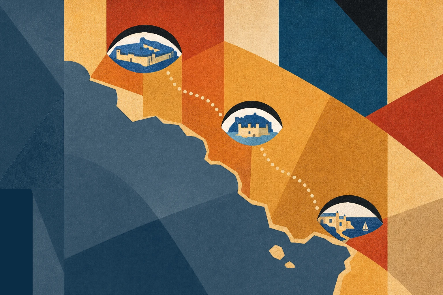 Stylised TWIN EYES map from Pylos to Methoni to Finikounda